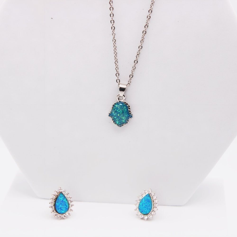 Opal Blue-ish Necklace Studs Set